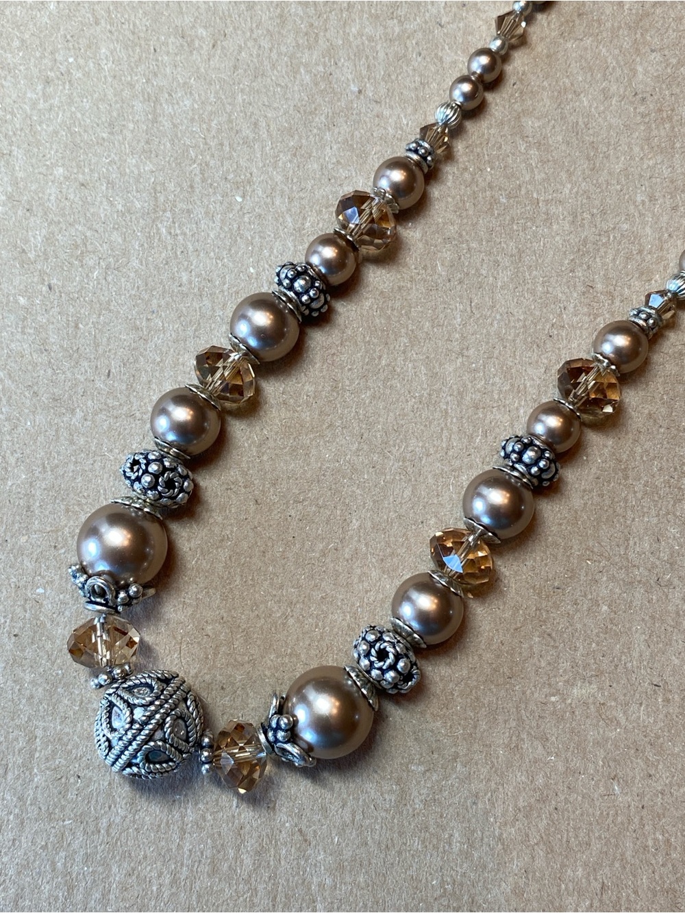 Swarovski pearl and crystal taupe light brown tan necklace